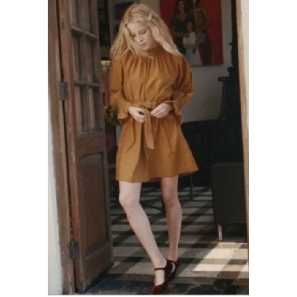 Doen Miro Mini Dress size S Long Sleeve A-Line Velvet Tie Belt Elastic Neckline